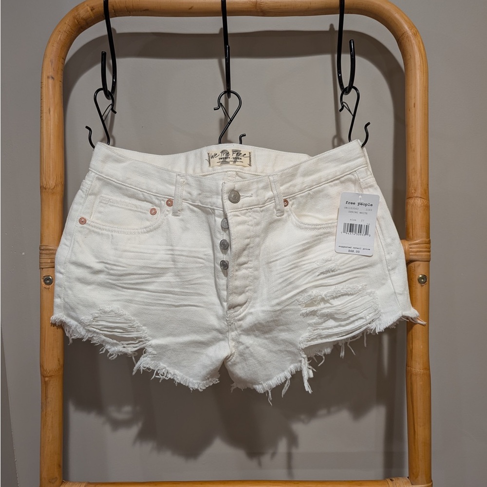Free People Cream Distressed Jean Shorts